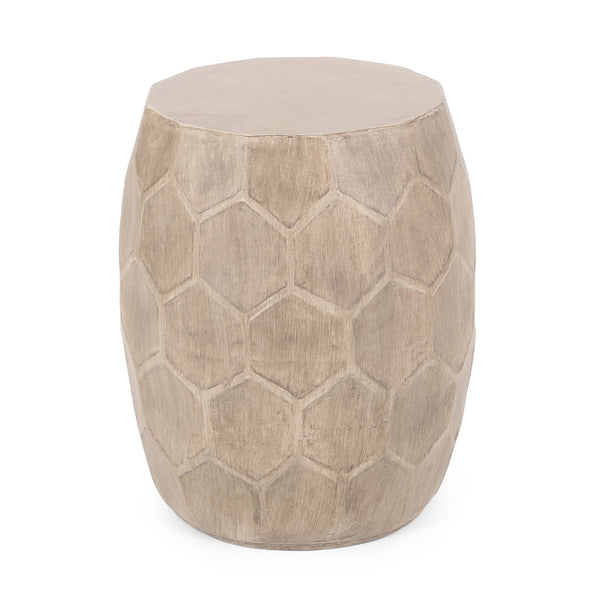 English Elm Outdoor Honeycomb Concrete Barrel Side Table with Organic Sculpted Natural Finish 73443.00