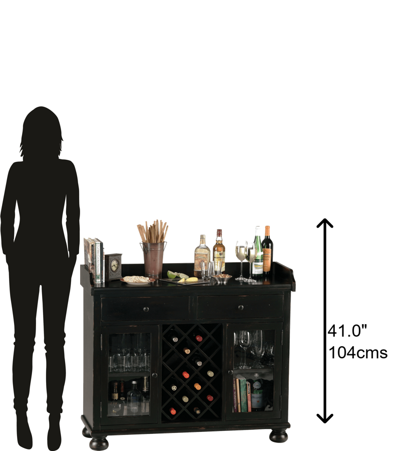 Hekman Furniture 695002 Elegant Wine & Bar Cabinet With Decorative Apron, 14-bottle Rack, And Secure Storage Options Worn Black (Brown Undertone) Cabernet Hill Wine Console 695002