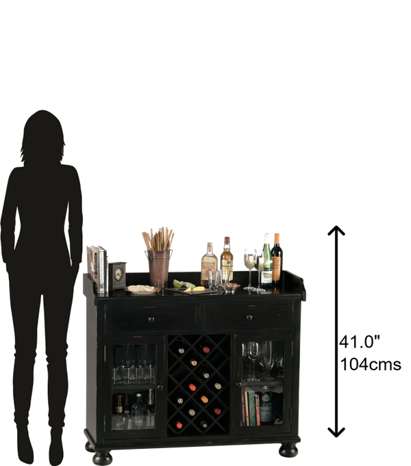 Hekman Furniture 695002 Elegant Wine & Bar Cabinet With Decorative Apron, 14-bottle Rack, And Secure Storage Options Worn Black (Brown Undertone) Cabernet Hill Wine Console 695002