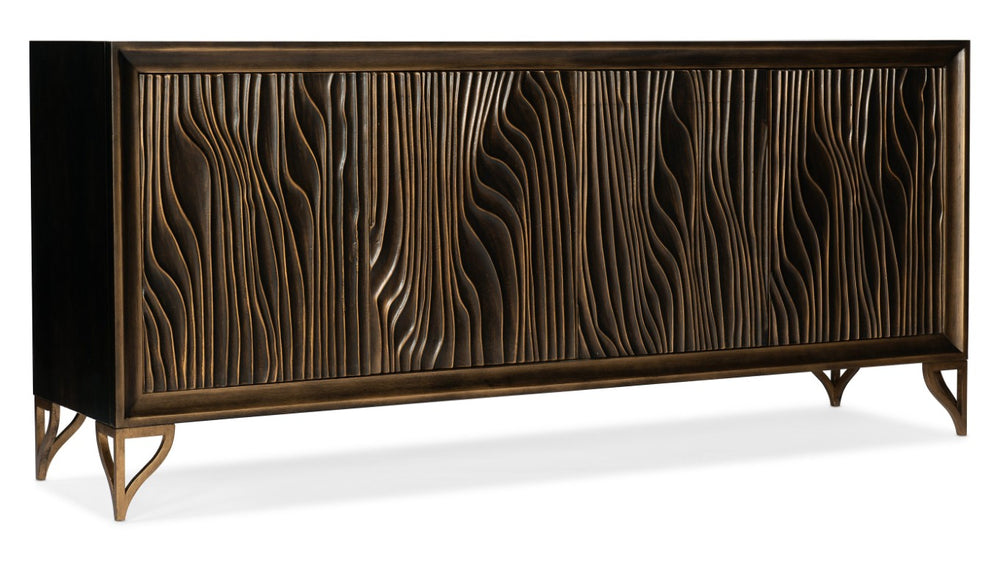 Hooker Furniture Melange Mountgomery Credenza With Wavy Grooved Doors, Dark Wood Finish, Gold Accents & Power 628-55005-87