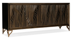 Hooker Furniture Melange Mountgomery Credenza With Wavy Grooved Doors, Dark Wood Finish, Gold Accents & Power 628-55005-87