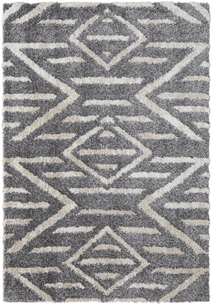Feizy Rugs Mynka Geometric High Pile Polyester Rug - Stain Resistant, Pet Friendly, Perfect For Any Space Gray,Ivory Polyester Myn39ibfgry000g23