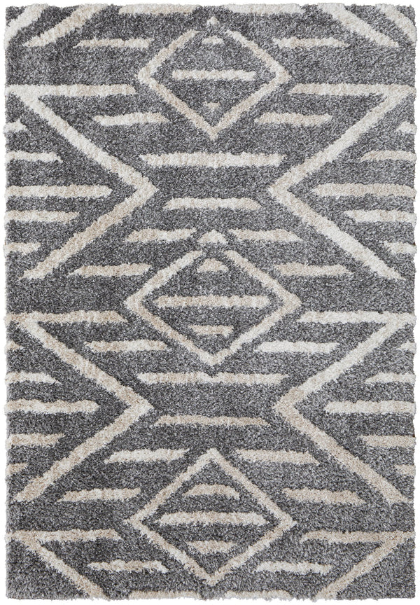 Feizy Rugs Mynka Geometric High Pile Polyester Rug - Stain Resistant, Pet Friendly, Perfect For Any Space Gray,Ivory Polyester Myn39ibfgry000g23