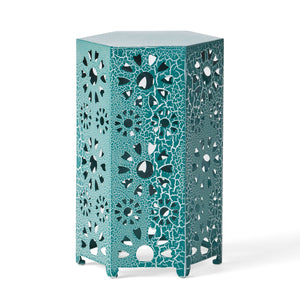 English Elm Eliana Outdoor Iron Nesting Side Tables with Sunburst Cutout and Crackle Finish Patio Accent Set Teal 69740.00CT