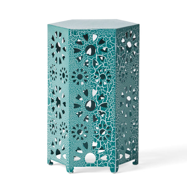 English Elm Galore Iron Patio Side Table with Sunburst Cutout and Crackle Finish for Outdoor Lounging Teal 60815.00CT