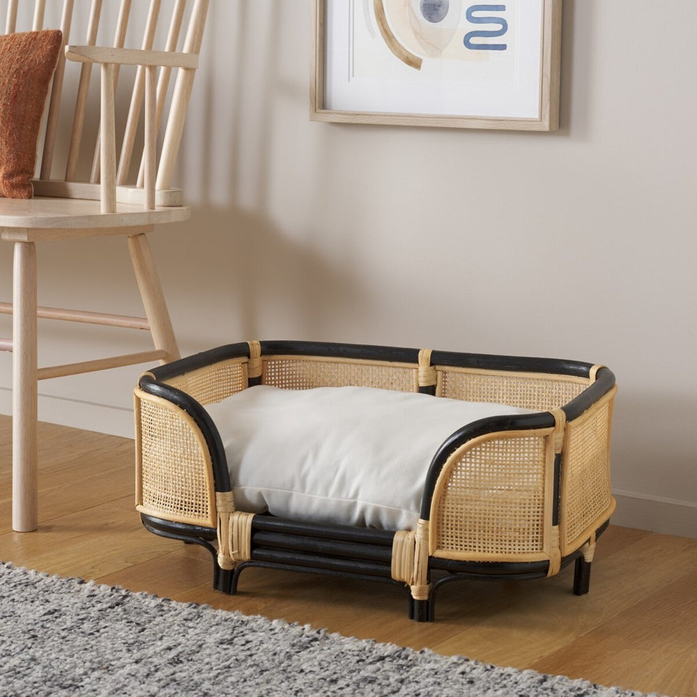Safavieh Timo Rattan Pet Bed with Cushion Beige / Natural / Black PET1800A
