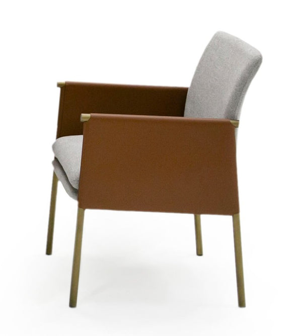 VIG Furniture Pettit Upholstered Light Grey & Camel Dining Arm Chair With Antique Brass Frame, Padded Comfort VGGA-6988CH-1-WHT-B-DC