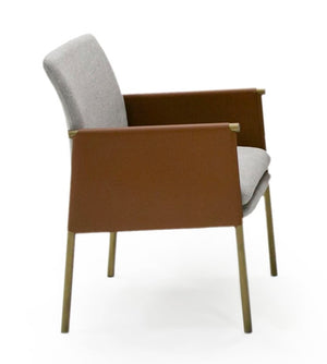 VIG Furniture Pettit Upholstered Light Grey & Camel Dining Arm Chair With Antique Brass Frame, Padded Comfort VGGA-6988CH-1-WHT-B-DC