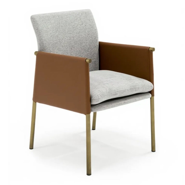 VIG Furniture Pettit Upholstered Light Grey & Camel Dining Arm Chair With Antique Brass Frame, Padded Comfort VGGA-6988CH-1-WHT-B-DC