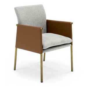 VIG Furniture Pettit Upholstered Light Grey & Camel Dining Arm Chair With Antique Brass Frame, Padded Comfort VGGA-6988CH-1-WHT-B-DC