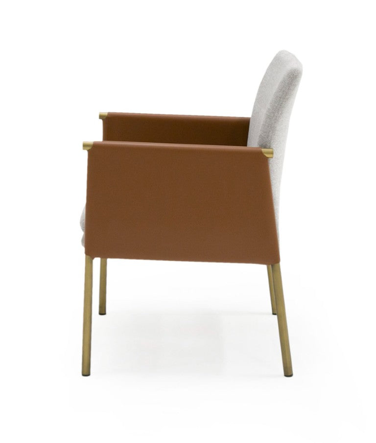 VIG Furniture Pettit Upholstered Light Grey & Camel Dining Arm Chair With Antique Brass Frame, Padded Comfort VGGA-6988CH-1-WHT-B-DC