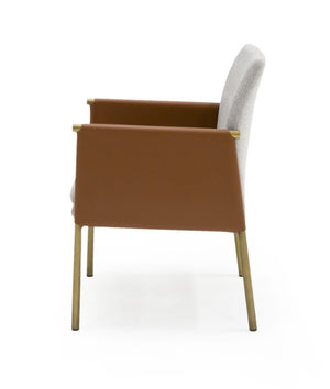 VIG Furniture Pettit Upholstered Light Grey & Camel Dining Arm Chair With Antique Brass Frame, Padded Comfort VGGA-6988CH-1-WHT-B-DC