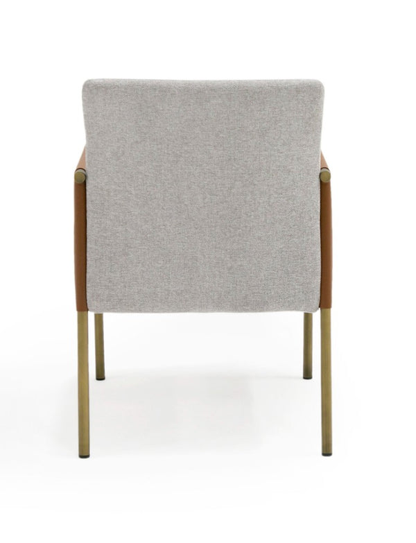 VIG Furniture Pettit Upholstered Light Grey & Camel Dining Arm Chair With Antique Brass Frame, Padded Comfort VGGA-6988CH-1-WHT-B-DC