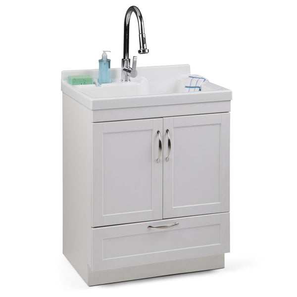 English Elm Maile 28" Laundry Cabinet with Deep 12.8" ABS Sink, Pull-Out Faucet, Storage Drawer, Pure White B136P158804