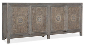 Hooker Furniture Melange Emmett Entertainment Console With Oak Veneer, Cane Doors, Metallic Medallions & Media-Ready Storage 628-85598-80
