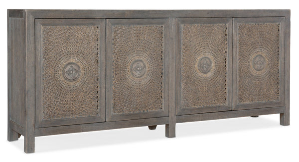 Hooker Furniture Melange Emmett Entertainment Console With Oak Veneer, Cane Doors, Metallic Medallions & Media-Ready Storage 628-85598-80