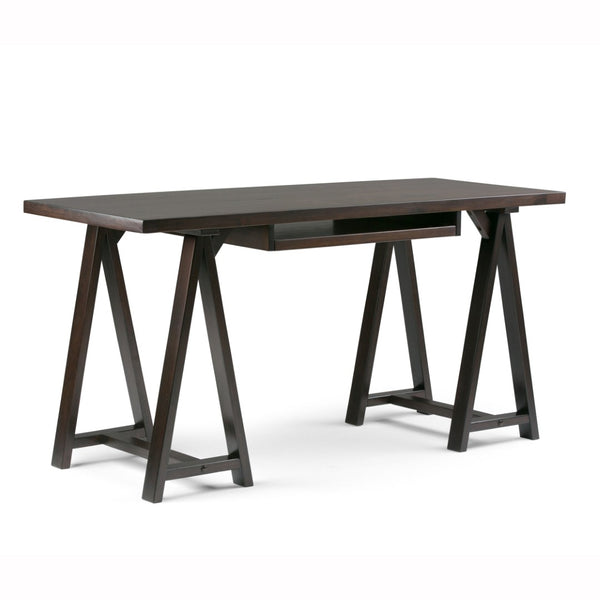 English Elm Sawhorse Desk - Dark Chestnut Brown, Solid Wood, Industrial Style With Keyboard Tray For Home Office B136P158231-GIGA