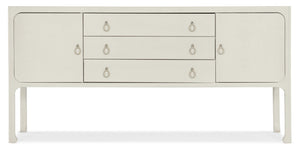 Hooker Furniture Serenity Sand Dollar Shore Server With Raffia Grasscloth Finish, Soft-Close Storage & Champagne Pulls 6350-75907-03