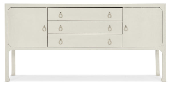 Hooker Furniture Serenity Sand Dollar Shore Server With Raffia Grasscloth Finish, Soft-Close Storage & Champagne Pulls 6350-75907-03