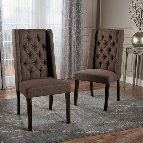 English Elm Dining Chair Set of Two Wingback Button Tufted High Back Birch Leg Upholstered Dark Brown 61539.00DBRN