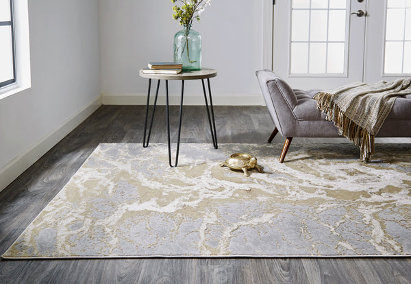 Feizy Rugs Aura Contemporary High-low Pile Abstract Rug In Gold And Champagne - Durable Machine Made Design Ivory,Silver,Gold Polyester,Polypropylene Aur3563fbgegryj20