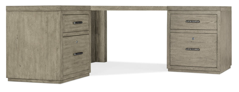 Hooker Furniture Linville L-Shaped Corner Desk With Oak Veneer, Locking File Drawers, Antique Pewter Hardware — Stylish Workspace Gray 6150-10934-85