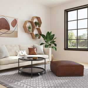 English Elm Brody Large Square Pouf - Distressed Dark Brown Faux Leather Coffee Table & Cozy Footstool B136P159349