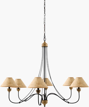 Surya Panagia Iron Chandelier with Leather Shades and Linen Liners for Dining Rooms PGI-001