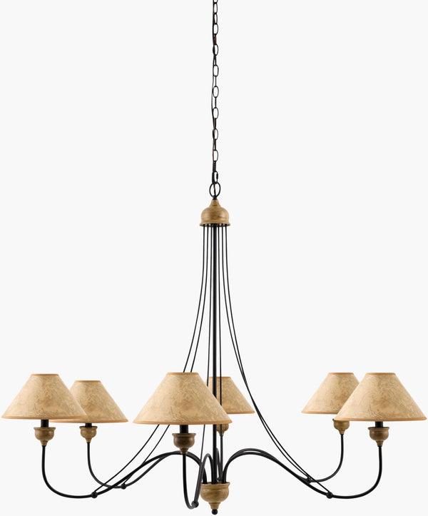 Surya Panagia Iron Chandelier with Leather Shades and Linen Liners for Dining Rooms PGI-001