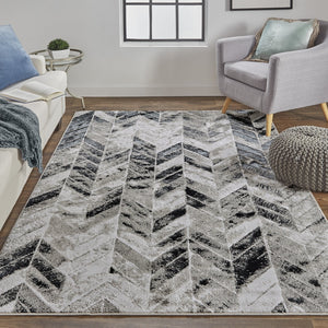 Feizy Rugs Micah Modern Low Pile Chevron Area Rug - Soft, Stain Resistant, Perfect For High Traffic Spaces Black,Gray,Silver Polyester,Polypropylene 6943048fgryslvg22