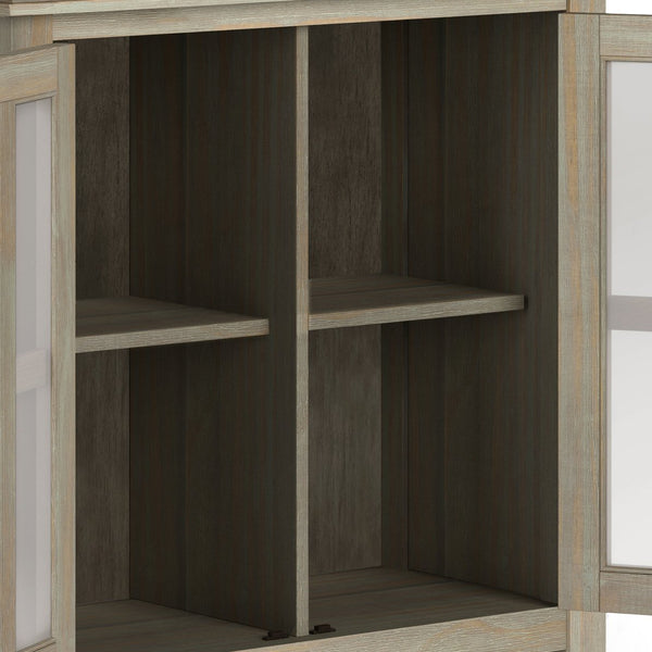 English Elm Artisan Low Storage Cabinet - Distressed Grey Wood, Glass Doors, Adjustable Shelves For Versatile Elegance B136P158394