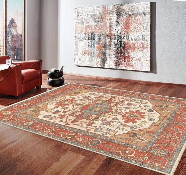 Pasargad Home Serapi Hand-Knotted Area Rug in Ivory/Rust – Luxurious 100% Wool for Timeless Elegance