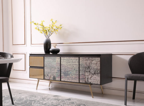 VIG Furniture Phelan Smoked Ash & Decoupage Buffet With Brushed Brass Legs, Soft‑Close Drawers & 3 Cabinets VGVCG2020-BUF