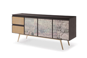 VIG Furniture Phelan Smoked Ash & Decoupage Buffet With Brushed Brass Legs, Soft‑Close Drawers & 3 Cabinets VGVCG2020-BUF