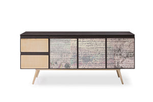 VIG Furniture Phelan Smoked Ash & Decoupage Buffet With Brushed Brass Legs, Soft‑Close Drawers & 3 Cabinets VGVCG2020-BUF