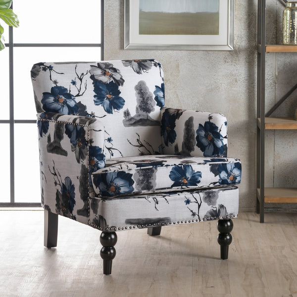 English Elm Christopher Knight Home® - HARRISON Tufted Floral Club Chair with Nailhead Trim, Plush Upholstery & Turned Birch Legs, Cozy Elegance 59082.00PRT