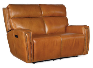 Hooker Furniture Ruthe Transitional Zero Gravity Power Recline Loveseat In Semi-Aniline Leather With Usb Port And Brass Nailhead Trim Light Brown SS704-PHZ2-019