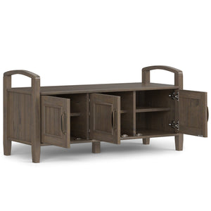 English Elm Lev Smoky Brown Entryway Storage Bench with 3 Doors, Spacious Seat for 2, Solid Wood, Grooved Detail B136P158817
