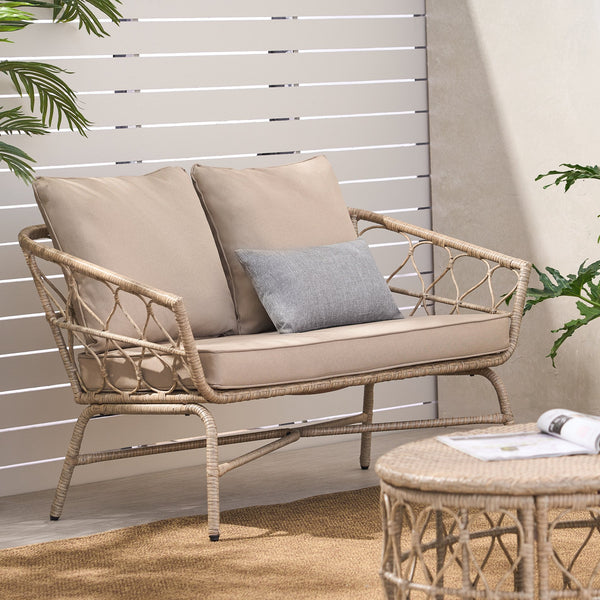 English Elm Christopher Knight Home® - BRUCE Boho Loveseat in Brown PE Rattan with Water-Resistant Cushions, Iron Frame, 600 lb Capacity 70416.00LBRN