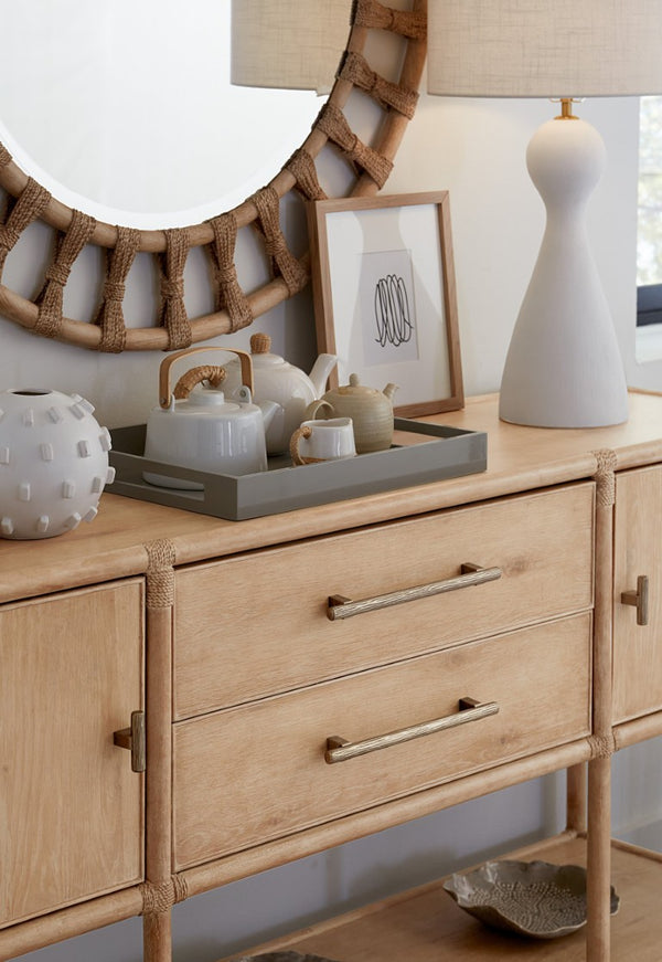 Hooker Furniture Retreat Pole Rattan Sideboard With Rope Accents, Dune Oak Veneer, Soft Pewter Hardware & Storage Light Wood 6950-75917-80