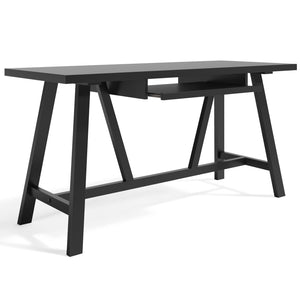 English Elm Dylan Solid Wood Desk with Driftwood Wire-Brushed Finish, Trestle Support, Keyboard Tray, 60" Surface Black B136P158589