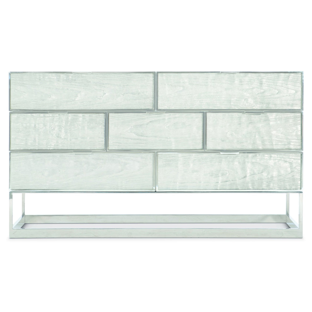 Bernhardt Bernhardt Parkhurst Dresser – High-Sheen White Lacquer, Polished Stainless Steel Frame, 7 Drawer Storage 382051