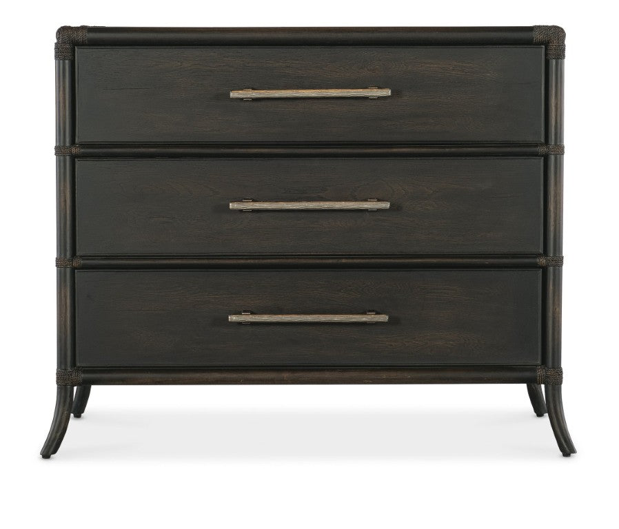Hooker Furniture Retreat Rattan Chest With Three Self-Closing Drawers, Two-Tone Dune & Seagrass Finish, Coastal Style Dark Wood 6950-90017-99
