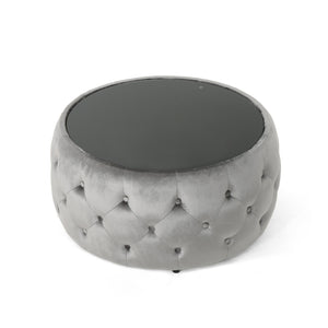 English Elm Ottoman Round Velvet Tufted Diamond Stitch Glass Top Modern Glam Living Room Accent 62732.00SMOK