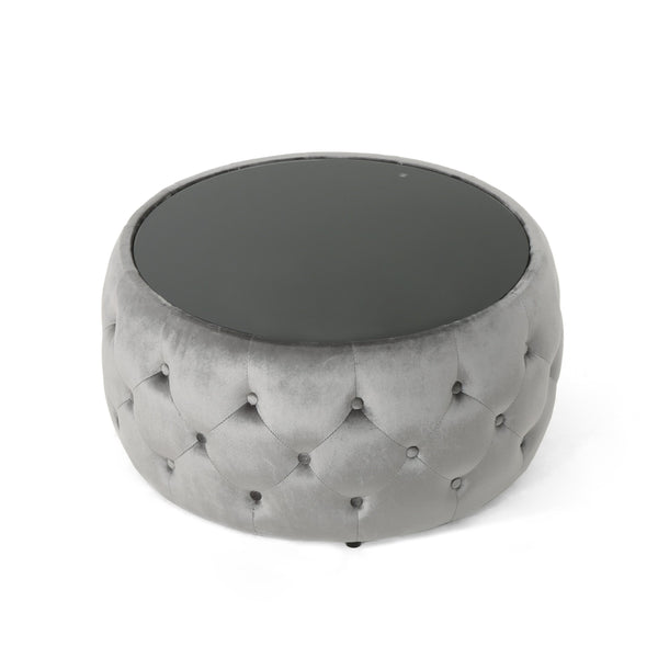 English Elm Ottoman Round Velvet Tufted Diamond Stitch Glass Top Modern Glam Living Room Accent 62732.00SMOK