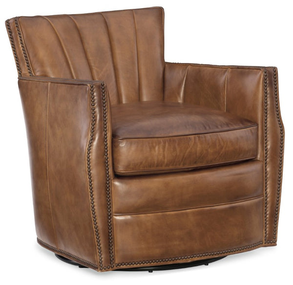 Hooker Furniture Carson Luxurious Swivel Club Chair In Warm Aniline Top-Grain Leather With Fan-Back Channeling And Nailhead Trim 33.00 L x 30.00W x 31.50H CC492-SW-083
