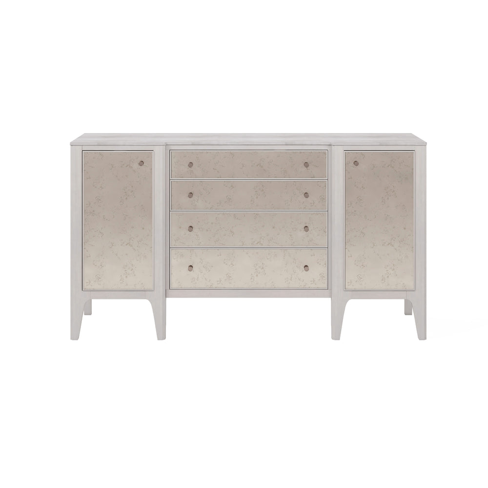 A.R.T. Furniture Mezzanine Buffet - Elegant Dove Gray With Antiqued Mirror Fronts, Travertine Top & Ample Storage Space Light Gray Parawood And Poplar Solids,Maple Veneer,Mirror,Travertine 325252-2249