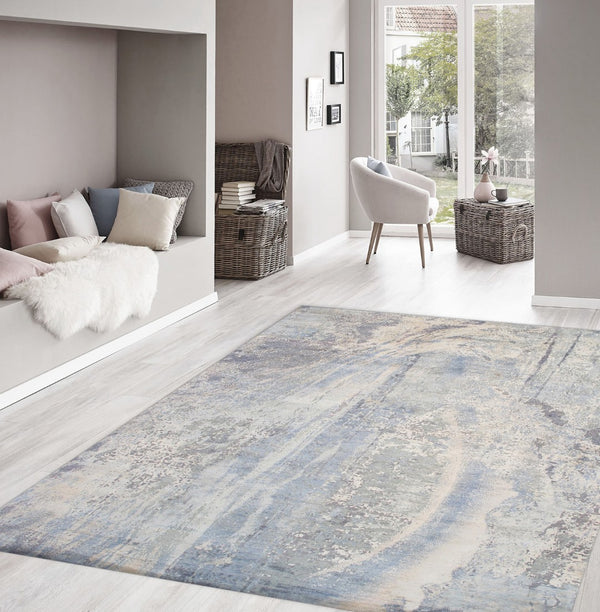 Pasargad Home Modern Abstract Hand-Knotted Area Rug in Soft Blues & Greys - 8' 9'' x 12' 1''