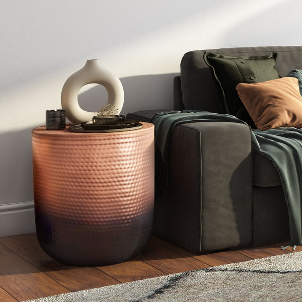 English Elm Nova Hammered Metal Side Table Copper Ombre — Compact Sculptural Accent Table with Protective Finish and Floor Pads Bronze B136P159005