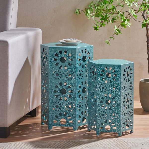 English Elm Eliana Outdoor Iron Nesting Side Tables with Sunburst Cutout and Crackle Finish Patio Accent Set Teal 69740.00CT